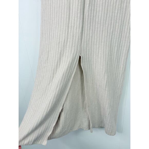 Zara Ribbed Bodycon Midi Dress Medium Cream Split Front Long Sleeve - Picture 5 of 10